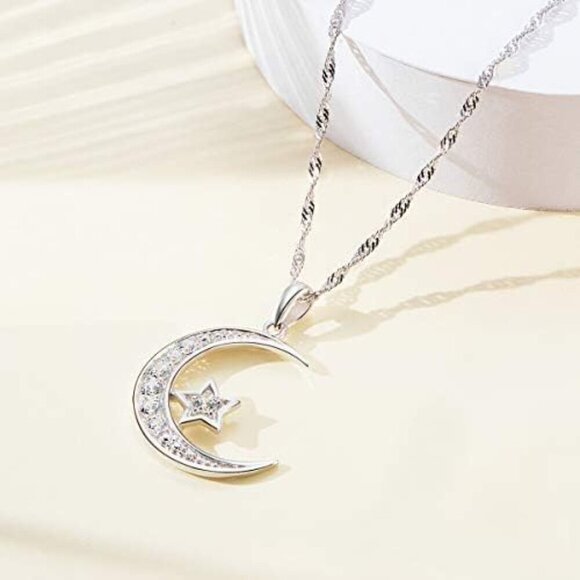 Sterling Silver Crescent Moon Star Necklace Cubic Zirconia Jewelry for Teen & Wo - Picture 9 of 9